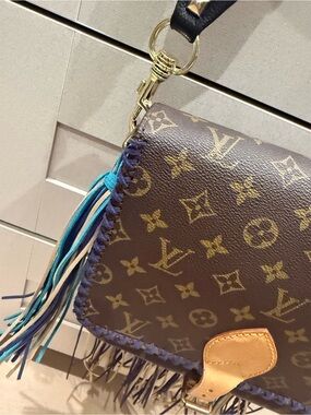 Louis Vuitton Cartouchiere Brown Monogram Crossbody with Teal & Blue Fringe